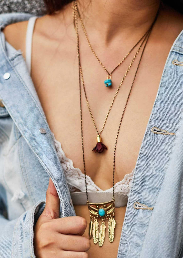 

Necklaces Feather Turquoise Multi-Layered Necklace in Gold. Size