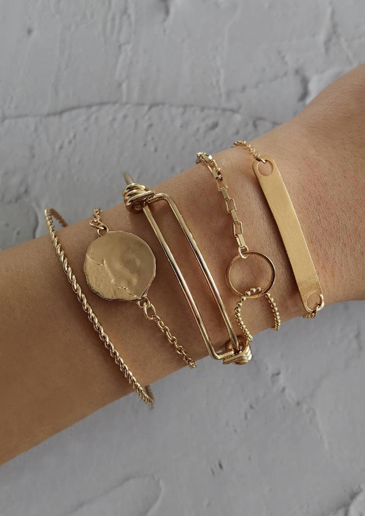 

Bracelet 5Pcs Hollow Out Geometric Adjustable Alloy Bracelet Set in Gold. Size