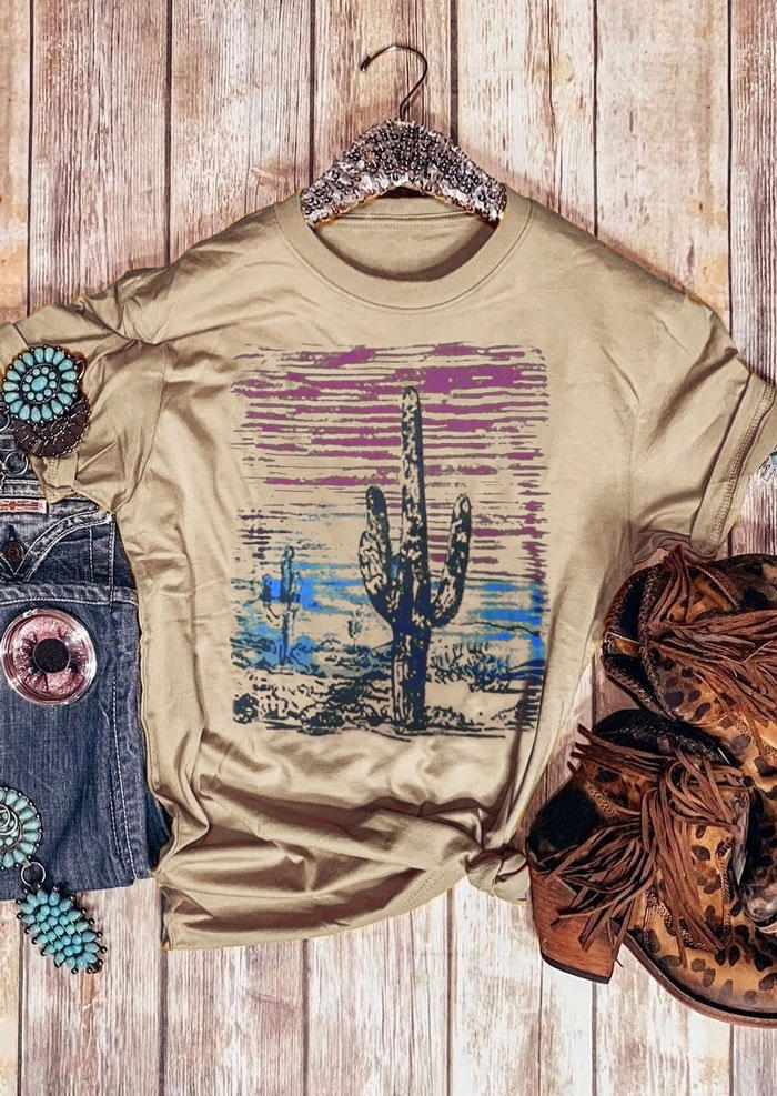 

T-shirts Tees Western Cactus Sunset Short Sleeve T-Shirt Tee in Apricot. Size