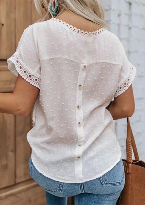 

Blouses Dotted Swiss Button Ruffled Crochet Blouse in White. Size