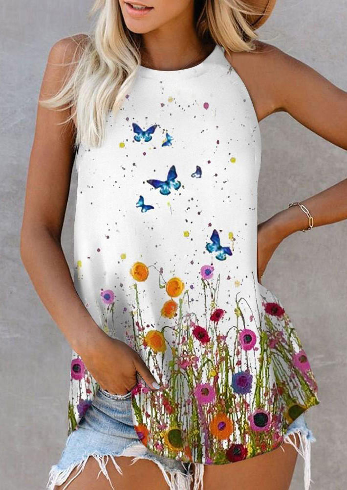 

Tank Tops Floral Butterfly Oil Painting Sleeveless Tank Top in White. Size