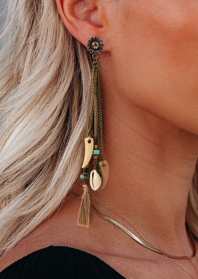

Earrings Vintage Sunflower Tassel Shell Horn Pendant Earrings in Coffee. Size