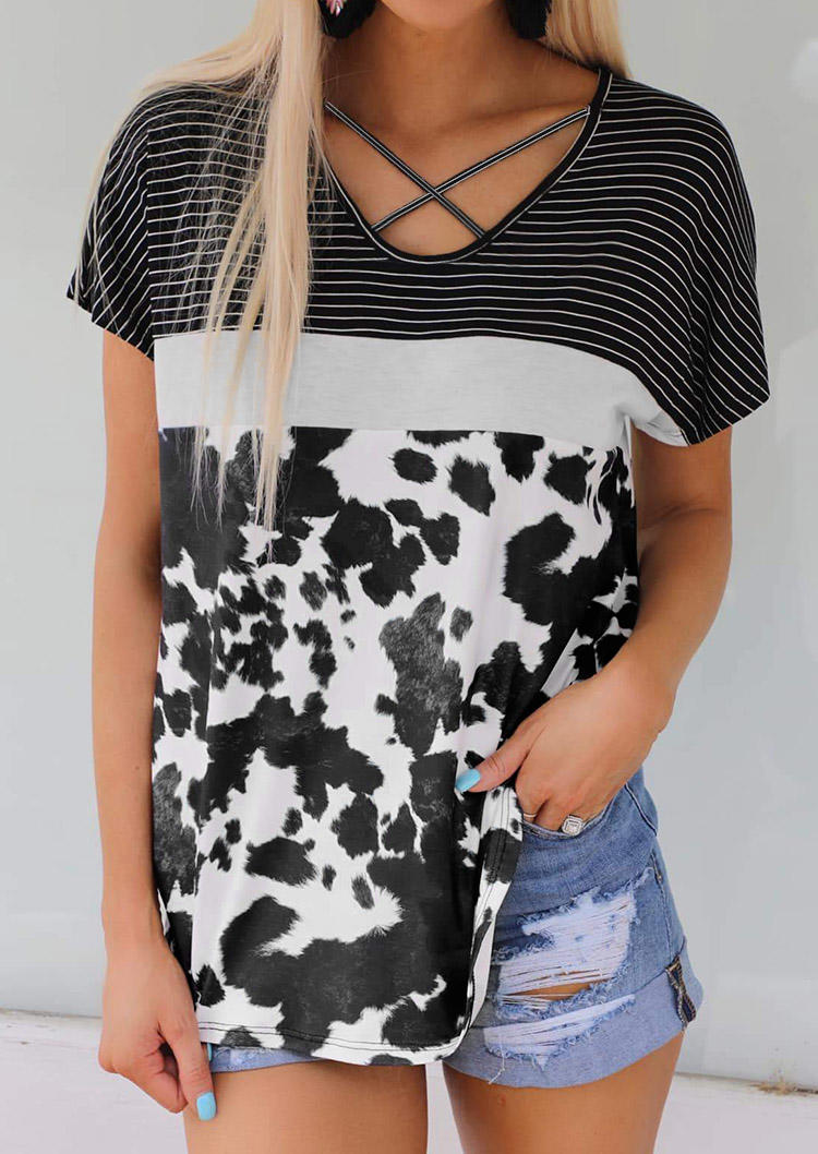 

Blouses Criss-Cross Striped Cow Casual Blouse in Black. Size