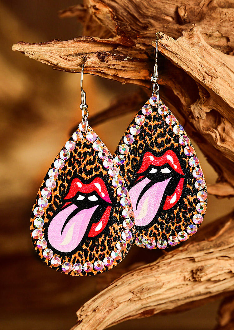 

Earrings Leopard Lips Rhinestones Water Drop PU Leather Earrings in Leopard. Size