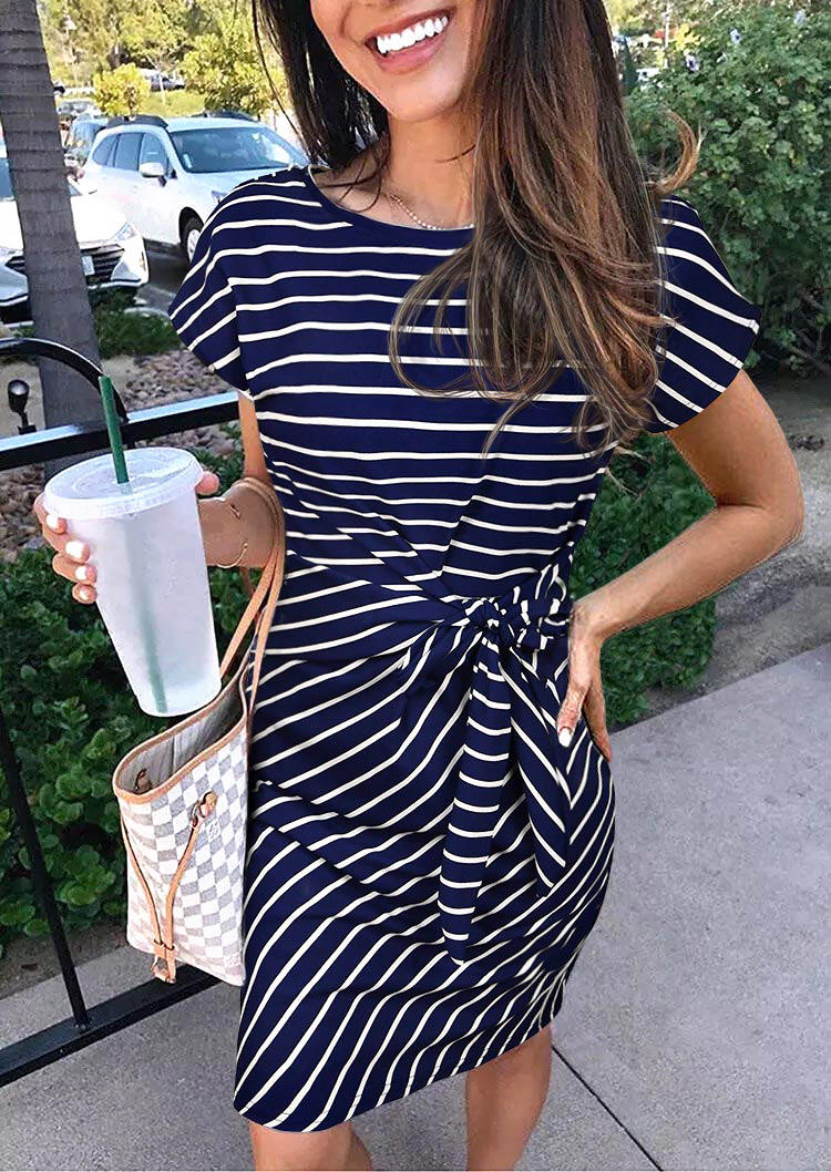 

Mini Dresses Striped Tie Front O-Neck Mini Dress in Navy Blue. Size