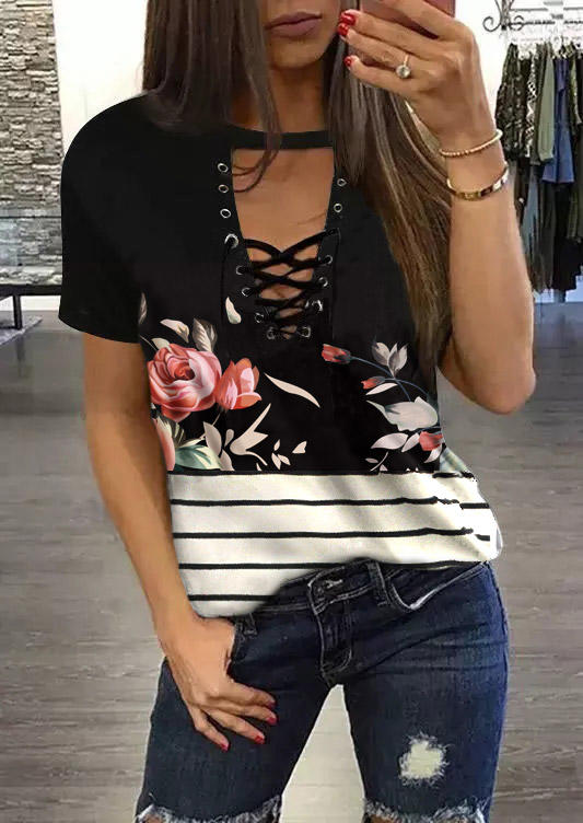 

Blouses Floral Striped Lace Up Keyhole Neck Blouse in Black. Size