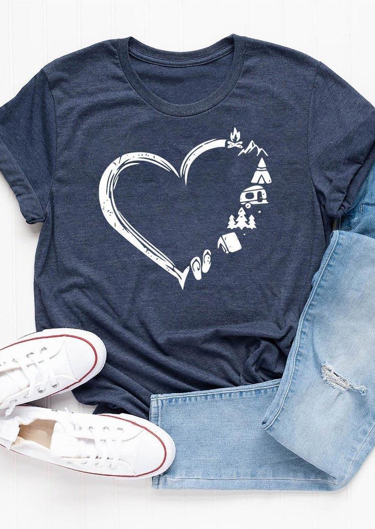 Heart Camping Short Sleeve T-Shirt Tee - Navy Blue