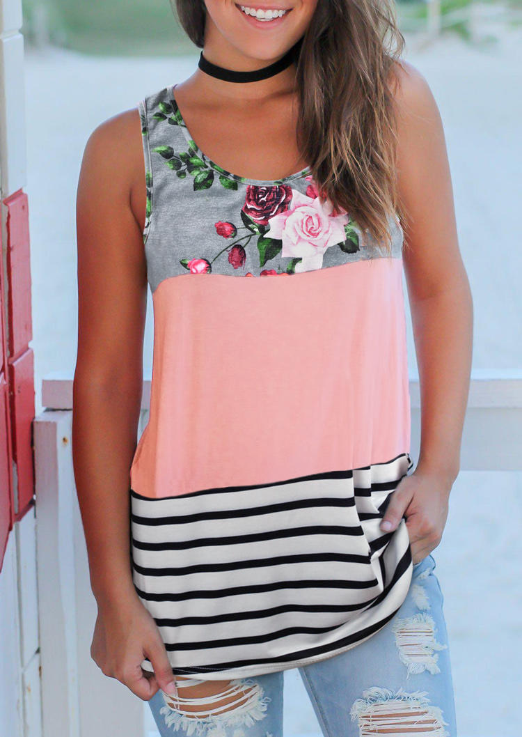 

Tank Tops Floral Striped Color Block Lace Splicing Tank Top in Multicolor. Size: ,M