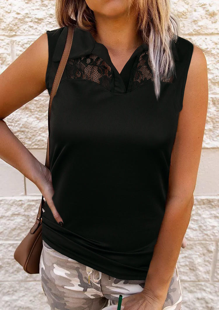 

Tank Tops Lace Turn-Down Collar Sleeveless Tank Top in Black. Size: ,M,L,XL
