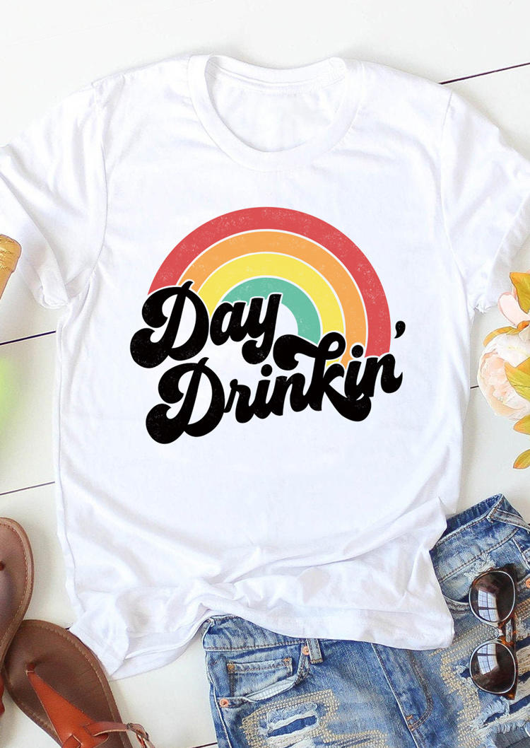 T-shirts Tees Day Drinkin' Rainbow T-Shirt Tee in White. Size: S,M