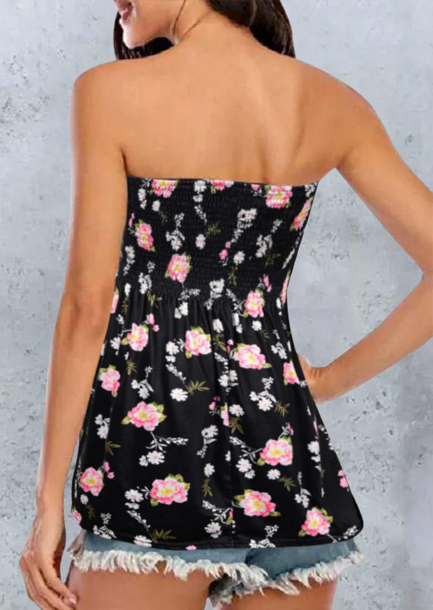

Tank Tops Floral Ruffled Smocked Strapless Casual Tank Top in Multicolor. Size