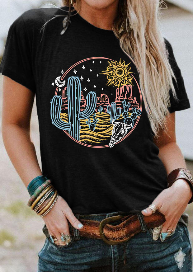 

T-shirts Tees Cactus Sun Moon Star Short Sleeve T-Shirt Tee in Black. Size
