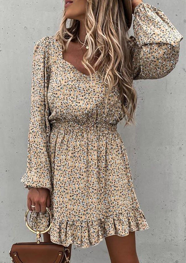 

Mini Dresses Floral Ruffled Elastic Waist Long Sleeve Mini Dress in Apricot. Size