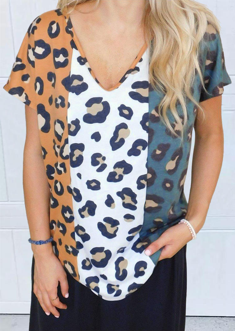 

Blouses Leopard Color Block V-Neck Blouse in Multicolor. Size