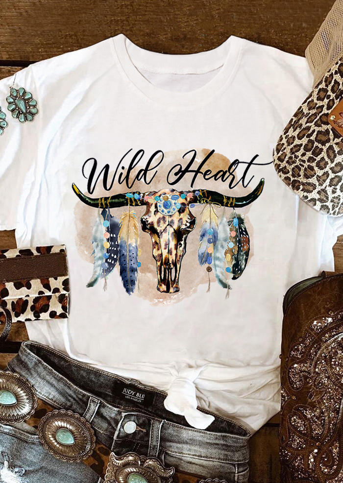 

T-shirts Tees Wild Heart Steer Skull Feather T-Shirt Tee in White. Size