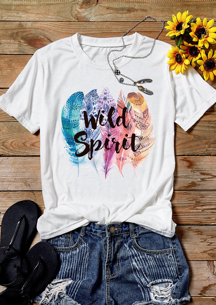 

T-shirts Tees Wild Spirit Colorful Feather T-Shirt Tee in White. Size: ,L