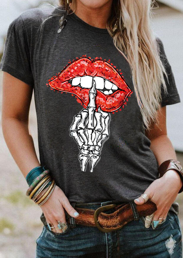

T-shirts Tees Skeleton Hand Lips T-Shirt Tee in Dark Grey. Size: ,M,L,XL