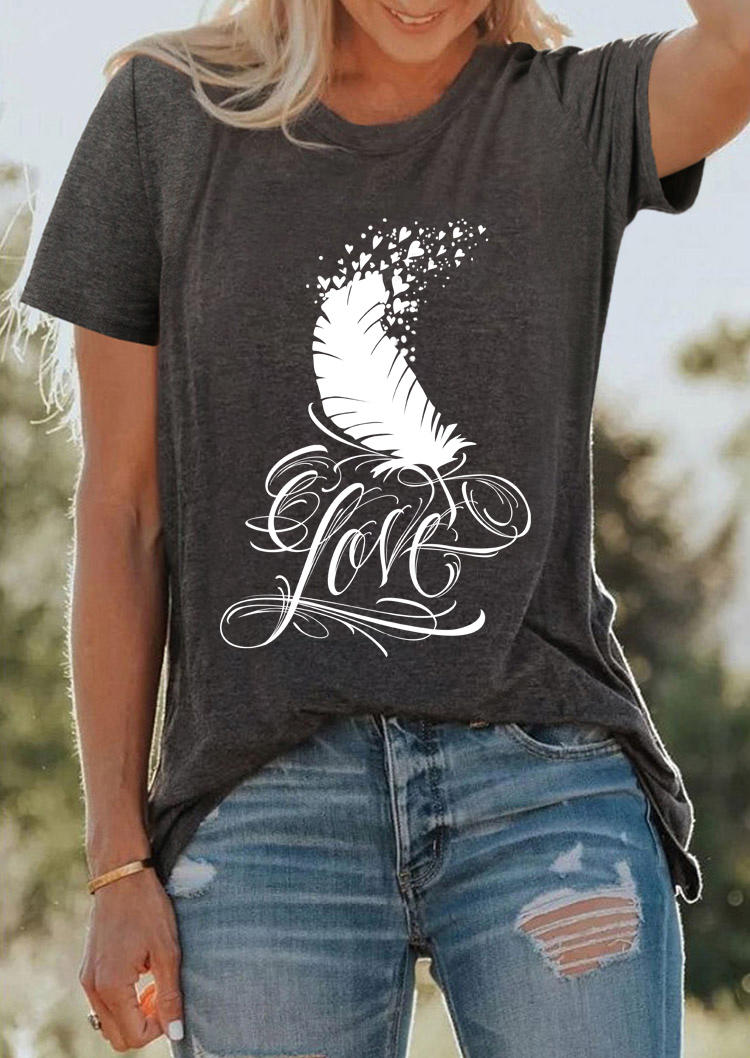 

T-shirts Tees Love Heart Feather O-Neck T-Shirt Tee in Dark Grey. Size