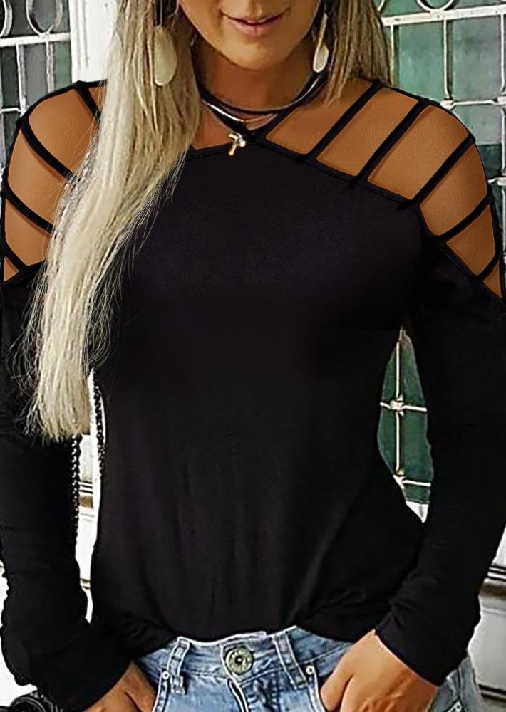 Blouses Hollow Out Cut Out Long Sleeve Blouse in Black. Size: XL