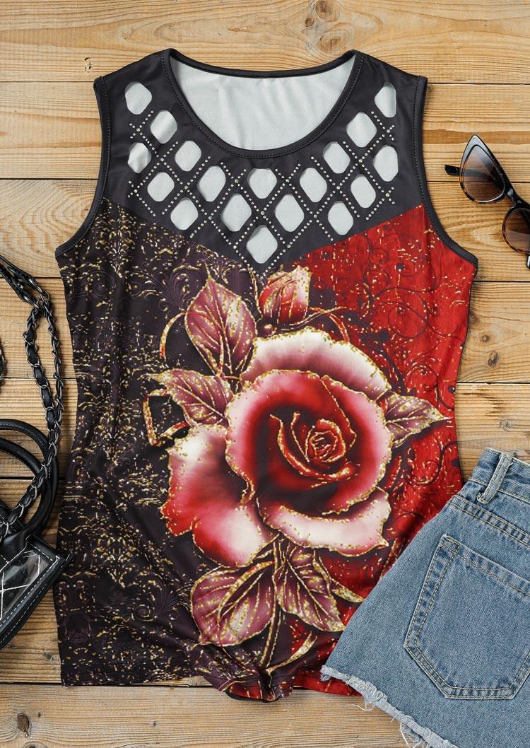 

Tank Tops Rose Rhinestone Criss-Cross Hollow Out Tank Top in Black. Size
