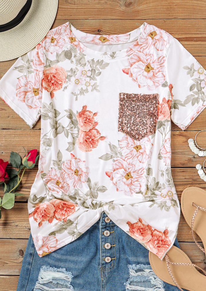 

Blouses Floral Sequined Pocket O-Neck Blouse in Multicolor. Size