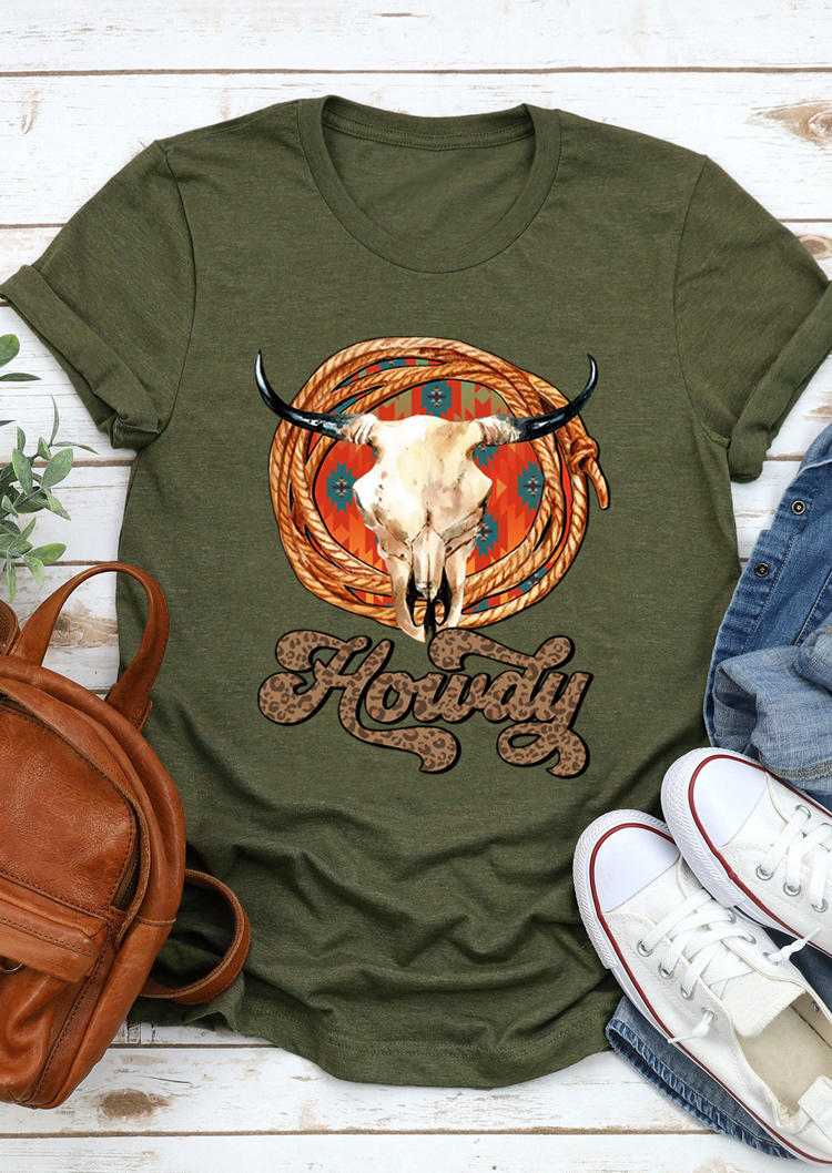 

T-shirts Tees Leopard Howdy Steer Skull T-Shirt Tee in Army Green. Size