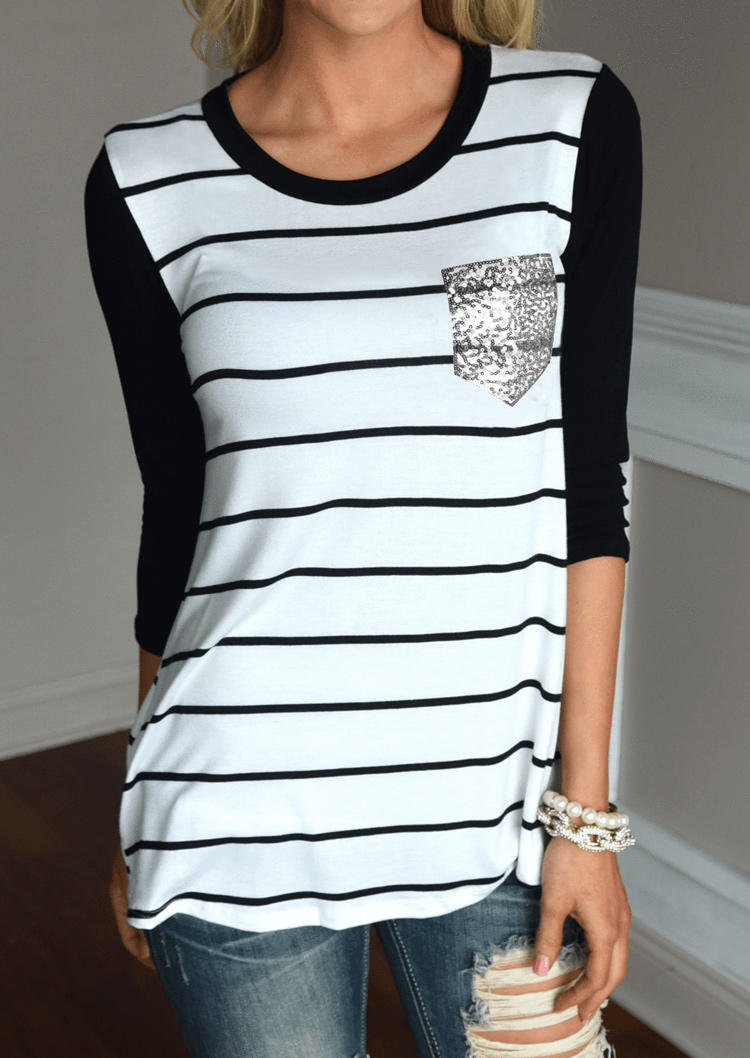 Blouses Sequined Pocket Striped Long Sleeve Blouse in White. Size: S,M,L