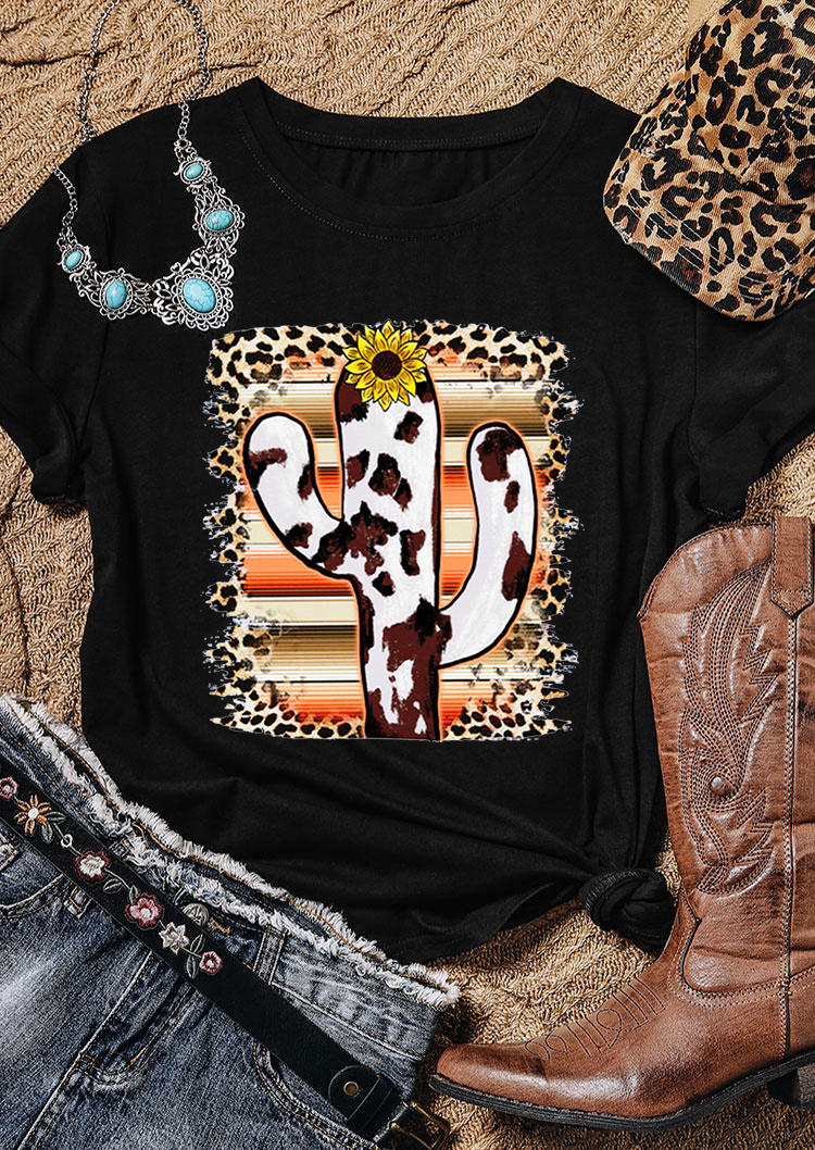 

T-shirts Tees Cow Cactus Sunflower Leopard Striped T-Shirt Tee in Black. Size