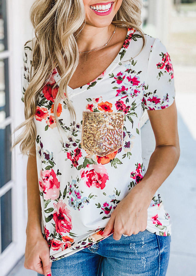 

T-shirts Tees Floral Sequined Pocket V-Neck T-Shirt Tee in White. Size