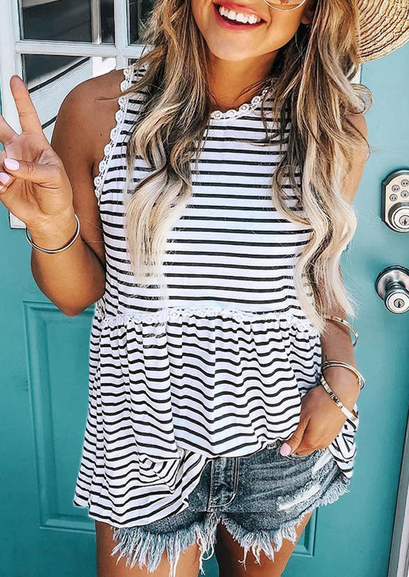 

Tank Tops Striped Button Hollow Out Sleeveless Tank Top in Stripe. Size