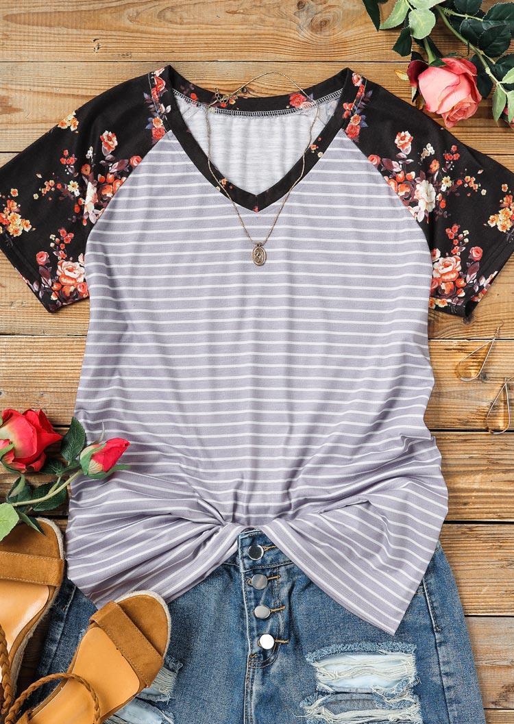 

Blouses Floral Striped Raglan Sleeve V-Neck Blouse in Multicolor. Size