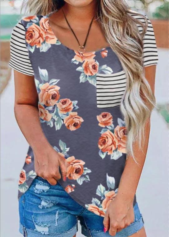 

Blouses Striped Floral O-Neck Short Sleeve Blouse in Multicolor. Size