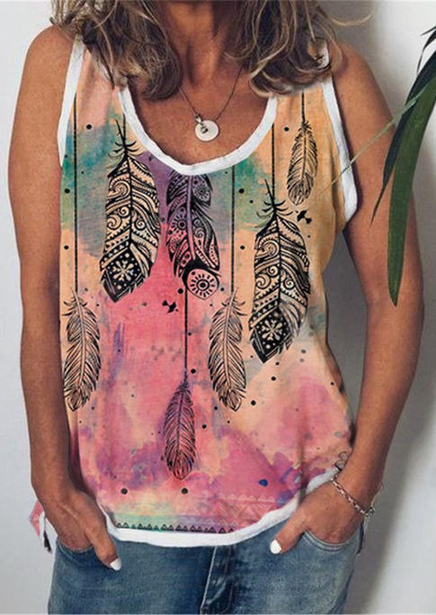 

Tank Tops Tie Dye Feather O-Neck Casual Tank Top in Multicolor. Size: ,M,L