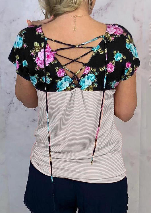 Floral Striped Lace Up Criss-Cross Blouse
