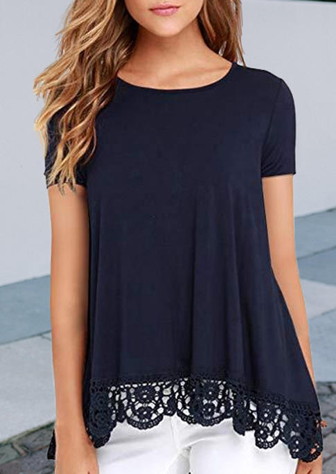 

Blouses Hollow Out Lace Splicing Asymmetric Blouse in Navy Blue. Size: ,M,L,XL