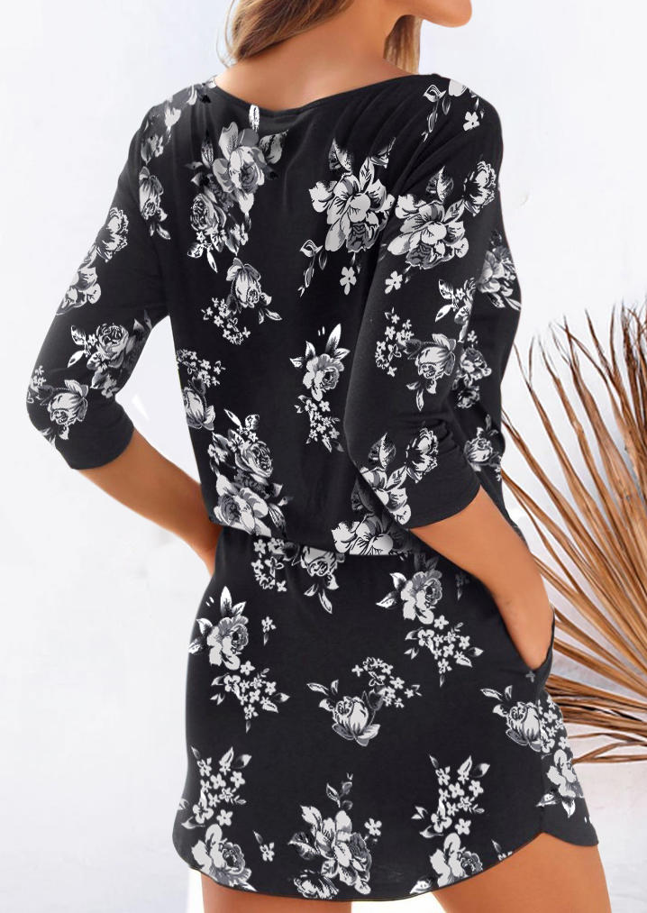 Mini Dresses Floral Pocket Drawstring Elastic Waist Mini Dress in Black. Size: L,M,S,XL