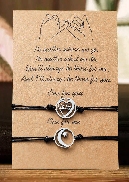 

Bracelet 2Pcs Love Heart Moon Star Adjustable Bracelet Set in Black. Size