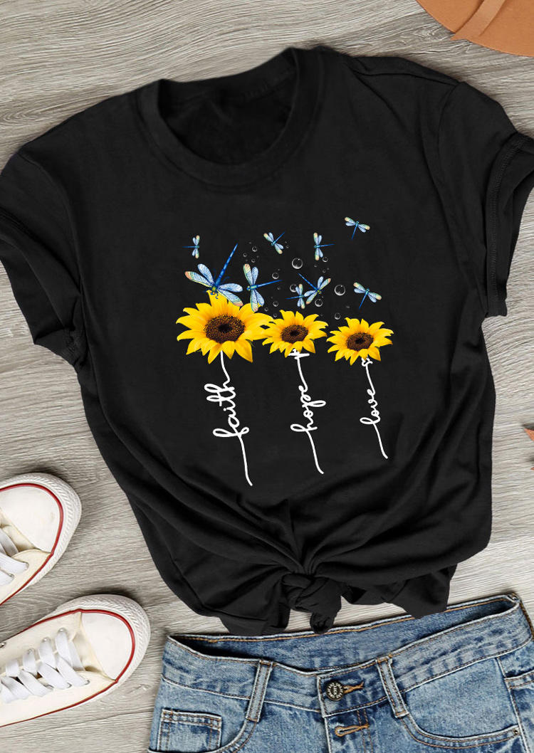 

T-shirts Tees Dragonfly Sunflower Faith Hope Love T-Shirt Tee in Black. Size