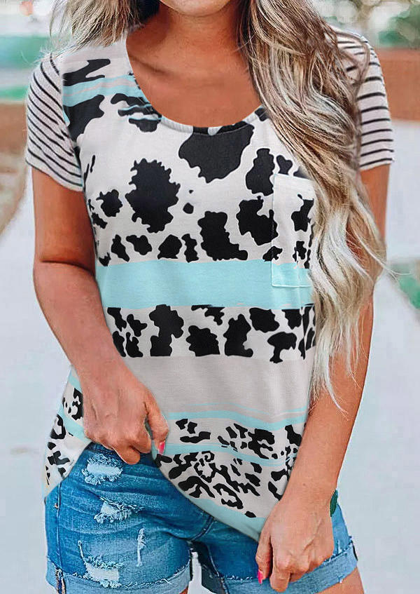 

Blouses Cow Color Block Striped Pocket Blouse in Multicolor. Size