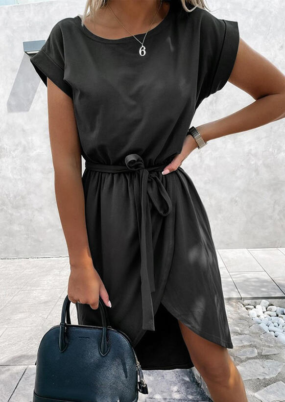 

Mini Dresses Irregular O-Neck Cap Sleeve Tunic Mini Dress in Black. Size