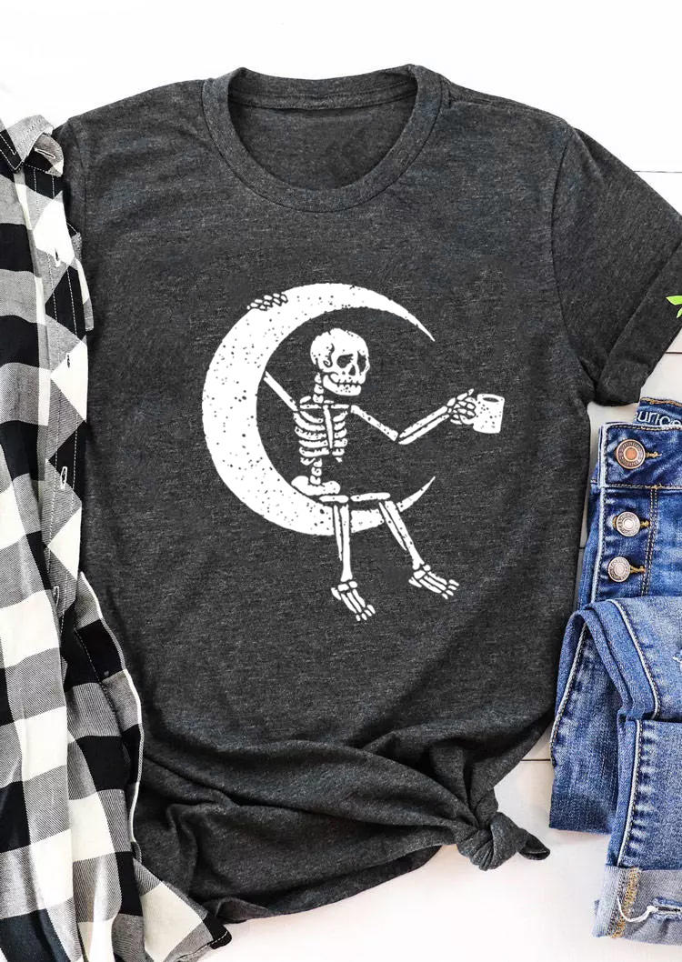 T-shirts Tees Skeleton Moon T-Shirt Tee in Dark Grey. Size: S,L,XL