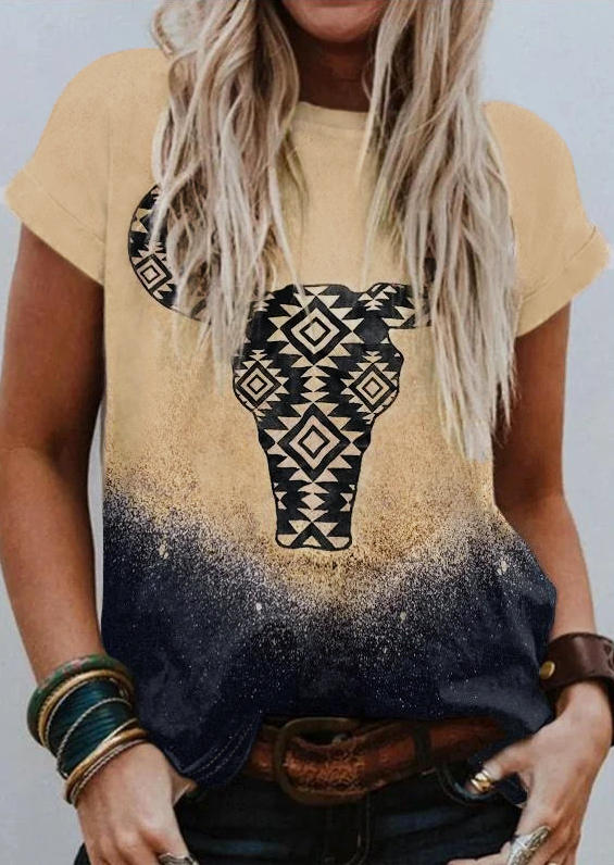 Aztec Steer Skull Gradient T-Shirt Tee - Khaki