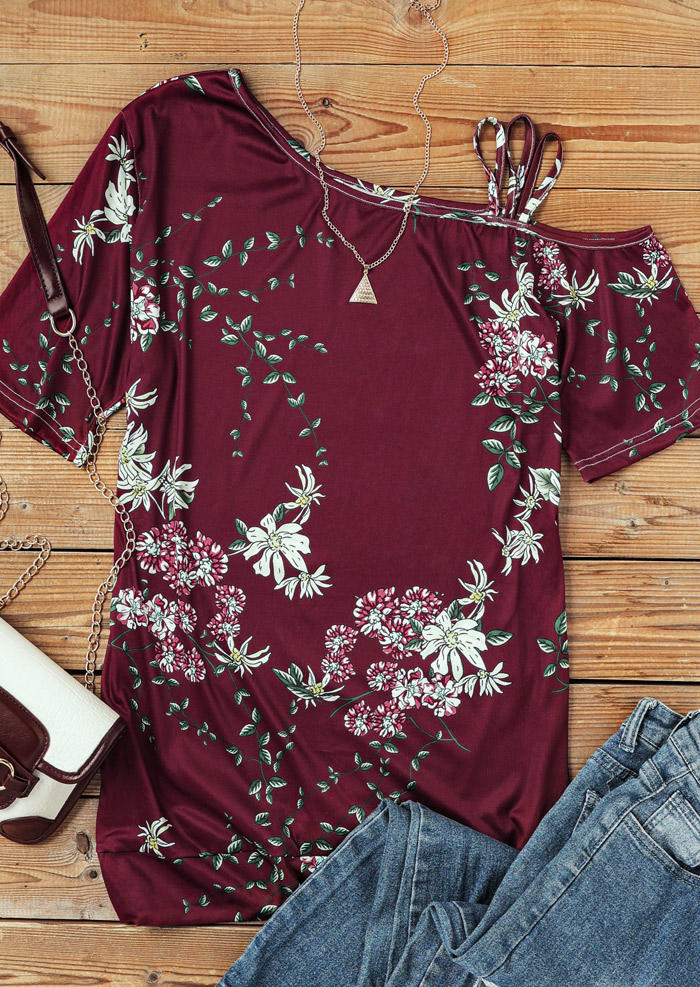 Blouses Floral One Sided Cold Shoulder Blouse in Burgundy. Size: M,XL