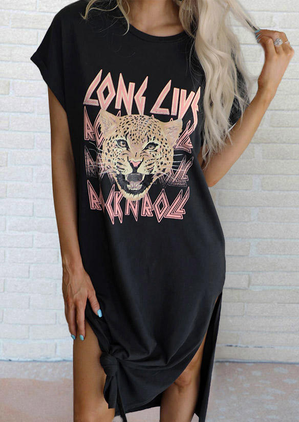 

Midi Dresses Rock N Roll Leopard Slit O-Neck Midi Dress in Black. Size: ,L