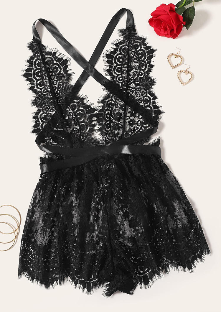 

Lingerie Lace See-Through Mesh Deep V-Neck Lingerie in Black. Size