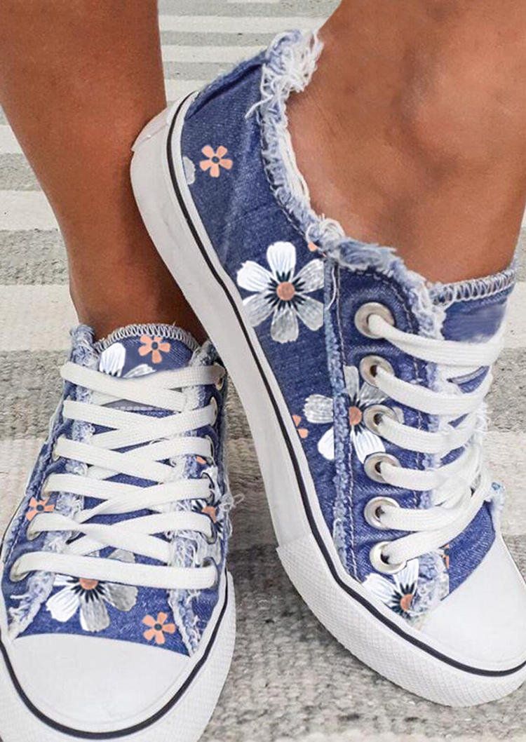 Sneakers Floral Frayed Hem Lace Up Canvas Sneakers in Blue. Size: 37,38,39,40,41