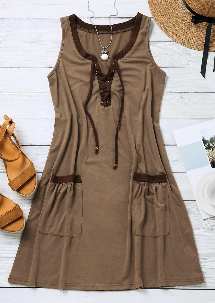 Mini Dresses Lace Up Pocket Sleeveless Mini Dress in Khaki. Size: S,M,L,XL