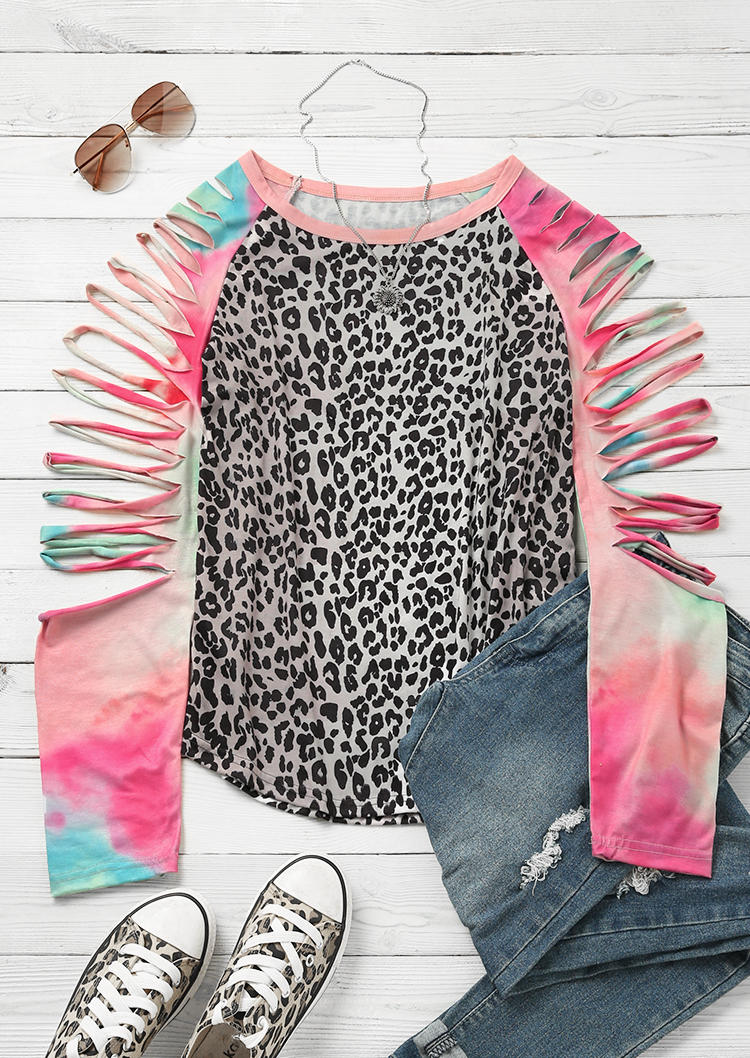 

Blouses Tie Dye Leopard Hollow Out Long Sleeve Blouse in Multicolor. Size