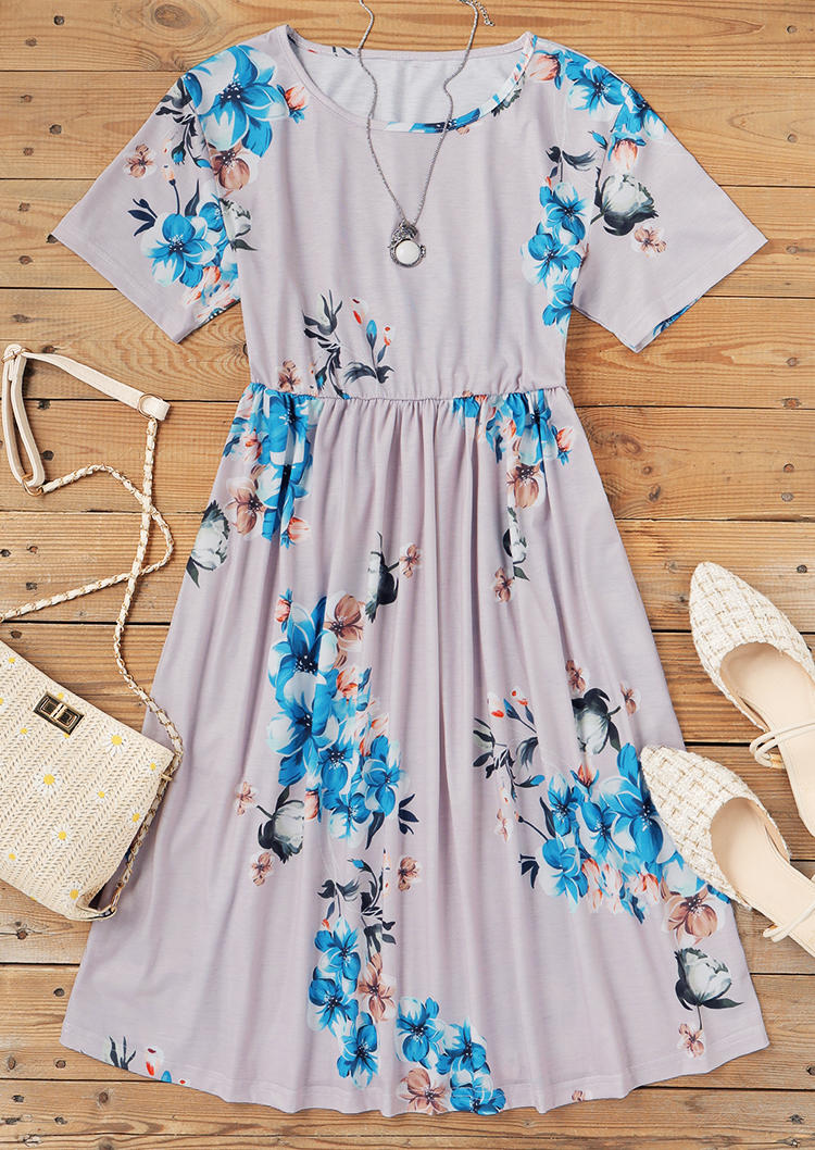 

Mini Dresses Floral Ruffled Short Sleeve O-Neck Mini Dress in Light Grey. Size: ,L