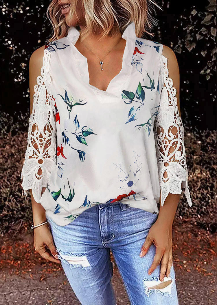 

Blouses Floral Lace Splicing Ruffled Cold Shoulder Blouse in White. Size: ,M,L,XL